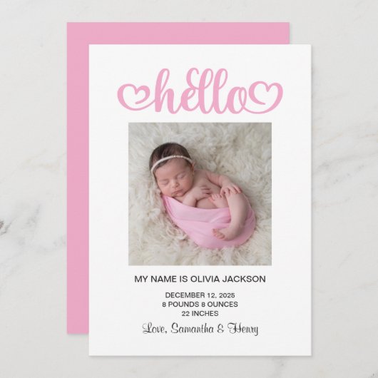 Hallo Pink Hearts Script Birth Aankondiging (Voorkant / Achterkant)