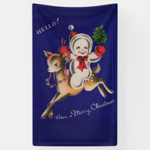 Hallo! Prettig kerstfeest sneeuwman op rendier Spandoek