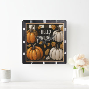 Hallo Pumpkin Black Plaid Vierkante Klok