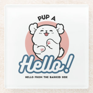 Hallo Pup a! – Happy White Dog Cartoon Design Glazen Onderzetter