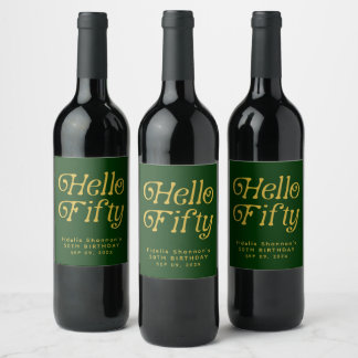 Hallo Retro Groen en Goud 50ste Verjaardagsfeest Wijn Etiket
