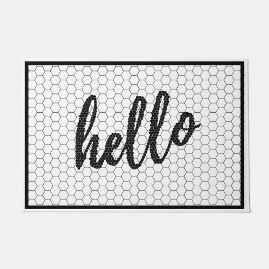 hallo Script Black en White Trending Hex Tegel Deurmat (Voorkant)