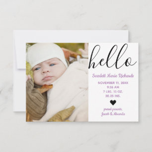 Hallo Script Foto Paars - 3x5 Geboorteaankondiging Aankondiging