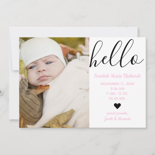 Hallo Script Foto Roze - Geboorteaankondiging Aankondiging (Voorkant)
