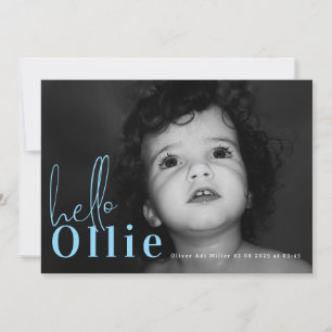 Hallo Script Naam Blue Boy Minimalist Foto Baby Aankondiging