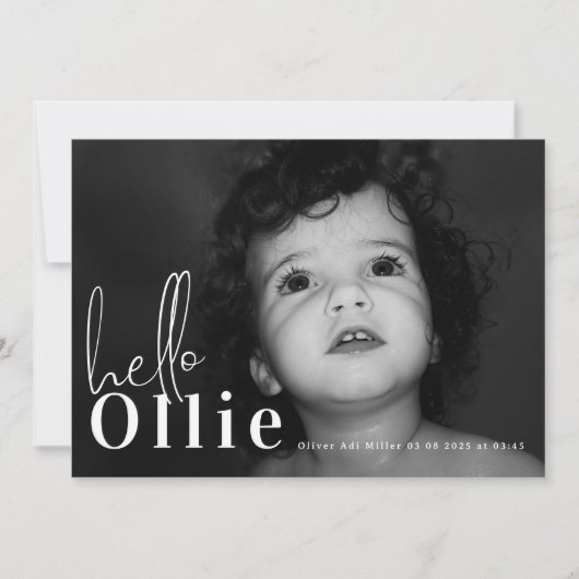 Hallo Script Naam Neutral Minimalist Photo Baby Aankondiging (Voorkant)