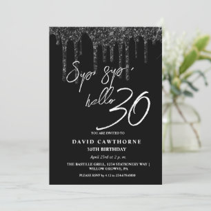 Hallo Sip, sip 30th Black Glitter Verjaardagsfeest Kaart