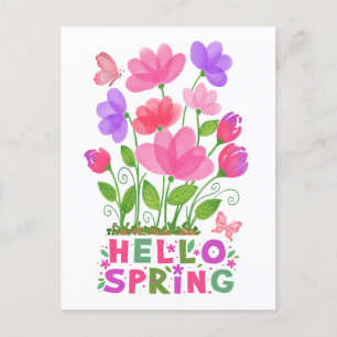 hallo Spring roze en Purple Flowers & Butterflies Briefkaart