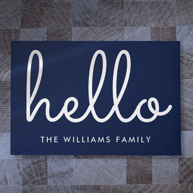 Hallo Stijlvolle Script Navy Blue Aangepaste famil Deurmat (Hello Stylish Script Navy Blue Custom Family Name Doormat)