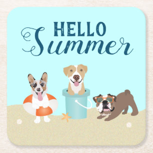 hallo Summer Beach Dogs Blue Oranje Vierkante Kartonnen Onderzetter