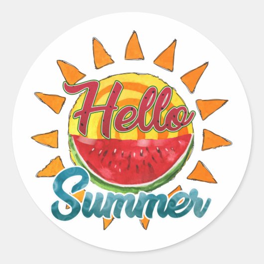 hallo Summer Waterverf Watermelon and Sun Ronde Sticker (Voorkant)