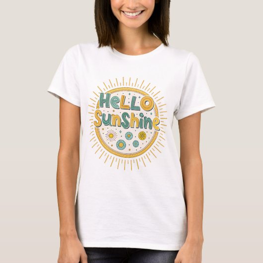 Hallo Sunshine Lettering Yellow Sun Text Design T- T-shirt (Voorkant)