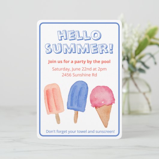 Hallo Uitnodiging Summer Waterverf Popsicle Party (Staand voorkant)