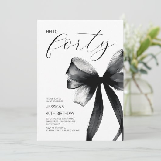Hallo Veertig Elegant Script Bow 40ste Verjaardags Kaart (Staand voorkant)
