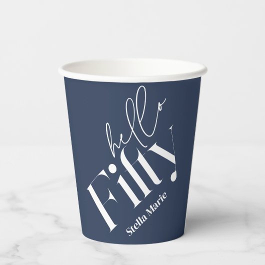 Hallo Vijftig moderne minimale marine blauw 50ste Papieren Bekers (Achterkant)
