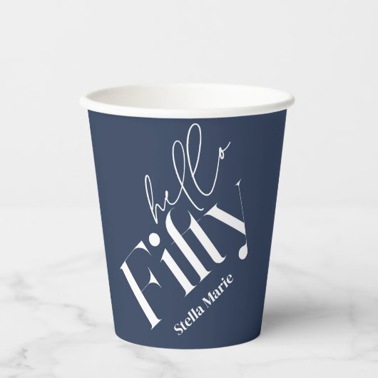 Hallo Vijftig moderne minimale marine blauw 50ste Papieren Bekers (Voorkant)