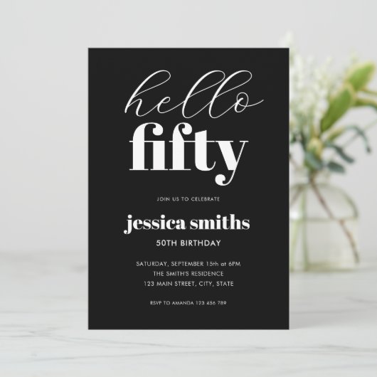 Hallo Vijftig moderne zwart-wit 50e verjaardag Kaart (Staand voorkant)