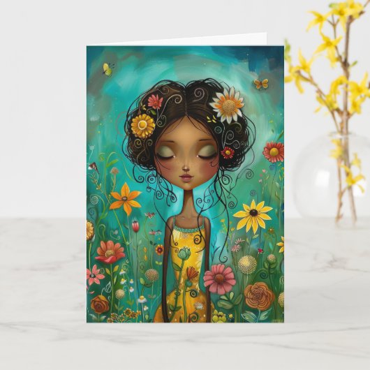 Hallo Vrouw en bloemen illustratie stijl Kaart (Gele Bloem)