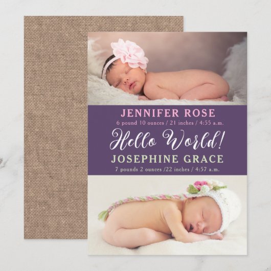 hallo wereld! Aankondiging moderne foto Twins Birt (Voorkant / Achterkant)