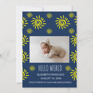 Hallo Wereld Boho Zon Geboorte Blauwe Baby Aankond Kaart