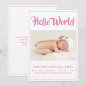 Hallo Wereld Foto Baby Aankondiging Roze (Voorkant / Achterkant)