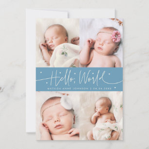 Hallo Wereld Script Denim Blauwe Multi Foto Geboor Aankondiging