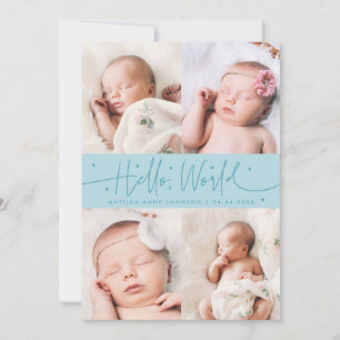 Hallo Wereld Script Turquoise Meerdere Foto Geboor Aankondiging