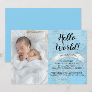 hallo Wereldbabyblauwe Wereldkaart geboorteaankond Kaart