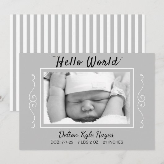 hallo Wereldfoto grijze Baby geboorteaankondiging Aankondiging (Voorkant / Achterkant)