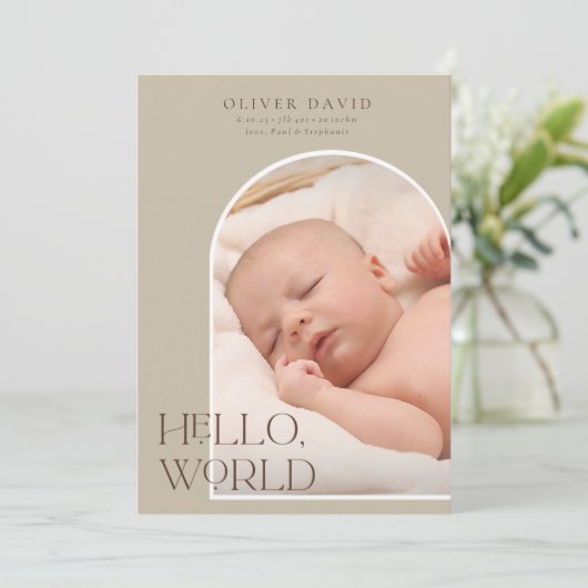 hallo Wereldneutrale Arch Foto geboorteaankondigin Kaart (Staand voorkant)
