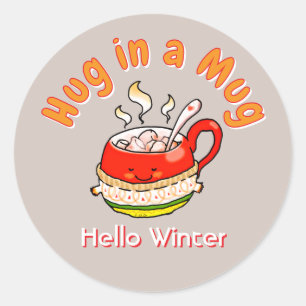 Hallo Winter Knuffel in een Mok Cozy Kawaii Illust Ronde Sticker