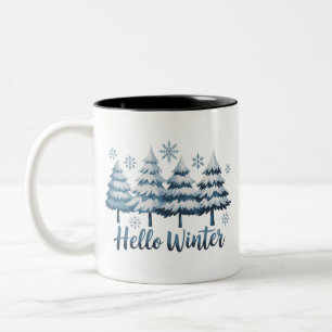 Hallo Winter Seizoen Sfeer Bomen Sneeuwvlokken Ker Tweekleurige Koffiemok