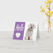 Hallo Witte Maltese Puppy Dog Paarse Hart Notecar Kaart (Gele Bloem)