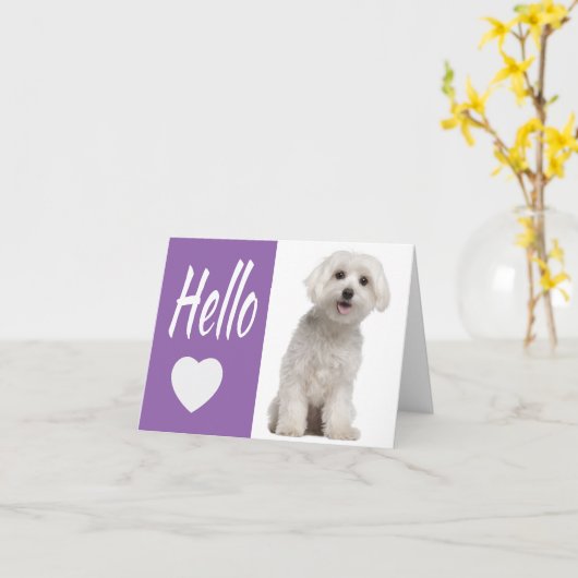 Hallo Witte Maltese Puppy Dog Paarse Hart Notecar Kaart (Gele Bloem)