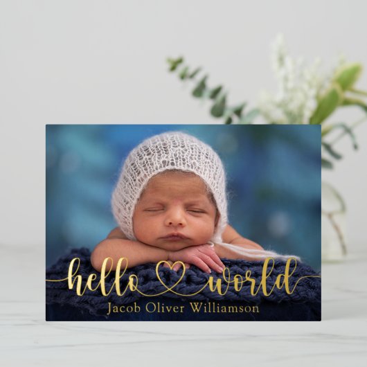 Hallo World Photo Collage Gold Baby Aankondiging (Staand Voorkant)