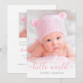 hallo World Pink Script Foto Baby Girl Birth Aankondiging (Voorkant / Achterkant)