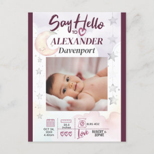 Hallo Zeg maar tegen New Baby. Bewerkbare tekst & Briefkaart