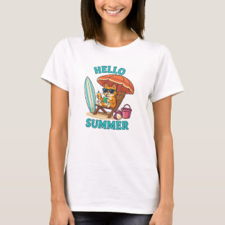 Hallo Zomer Kat T-shirt – Schattigee Cartoon Beach