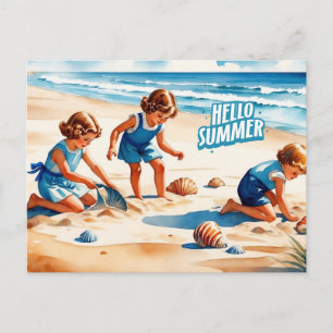 Hallo Zomer Retro Kinderen Spelen Op Een Strand Briefkaart