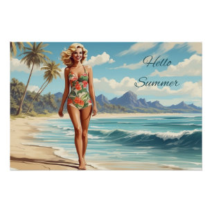 Hallo Zomer Retro Lady Wandelen op het strand Perfect Poster