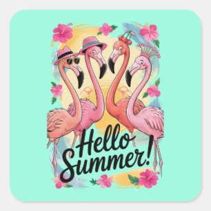 Hallo Zomer Schattige Flamingo Strand Vakantie Tro Vierkante Sticker