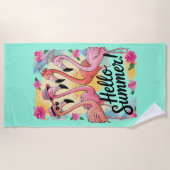 Hallo Zomer Schattigee Flamingo Beach Vakantie Tro Strandlaken (Voorkant)