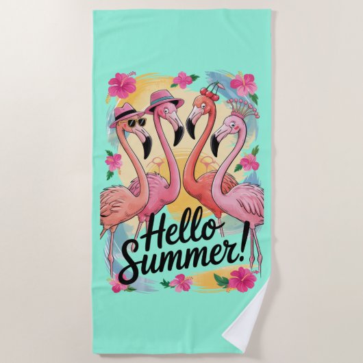 Hallo Zomer Schattigee Flamingo Beach Vakantie Tro Strandlaken (Voorkant)