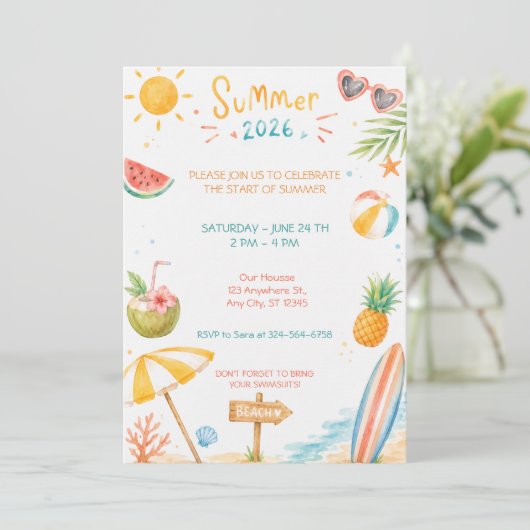 Hallo Zomer Strandfeest Watercolor Viering Kaart (Staand voorkant)