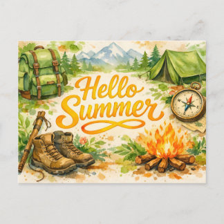 Hallo Zomer Waterverf Kamperen en Wandelen Briefkaart