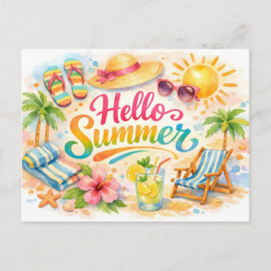 Hallo Zomer Waterverf Tropisch Strand Briefkaart