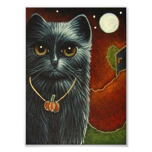 HALLOEEN BLACK CAT MET PUMPKIN PENDANT PRINT FOTO AFDRUK (Voorkant)
