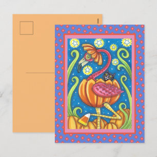 HALLOEEN PINK FLAMINGO & BLACK CAT IN PUMPKIN FEESTDAGENKAART