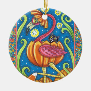 HALLOEEN PINK FLAMINGO & BLACK CAT IN PUMPKIN KERAMISCH ORNAMENT