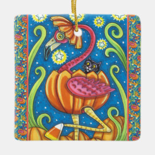 HALLOEEN PINK FLAMINGO & BLACK CAT IN PUMPKIN KERAMISCH ORNAMENT